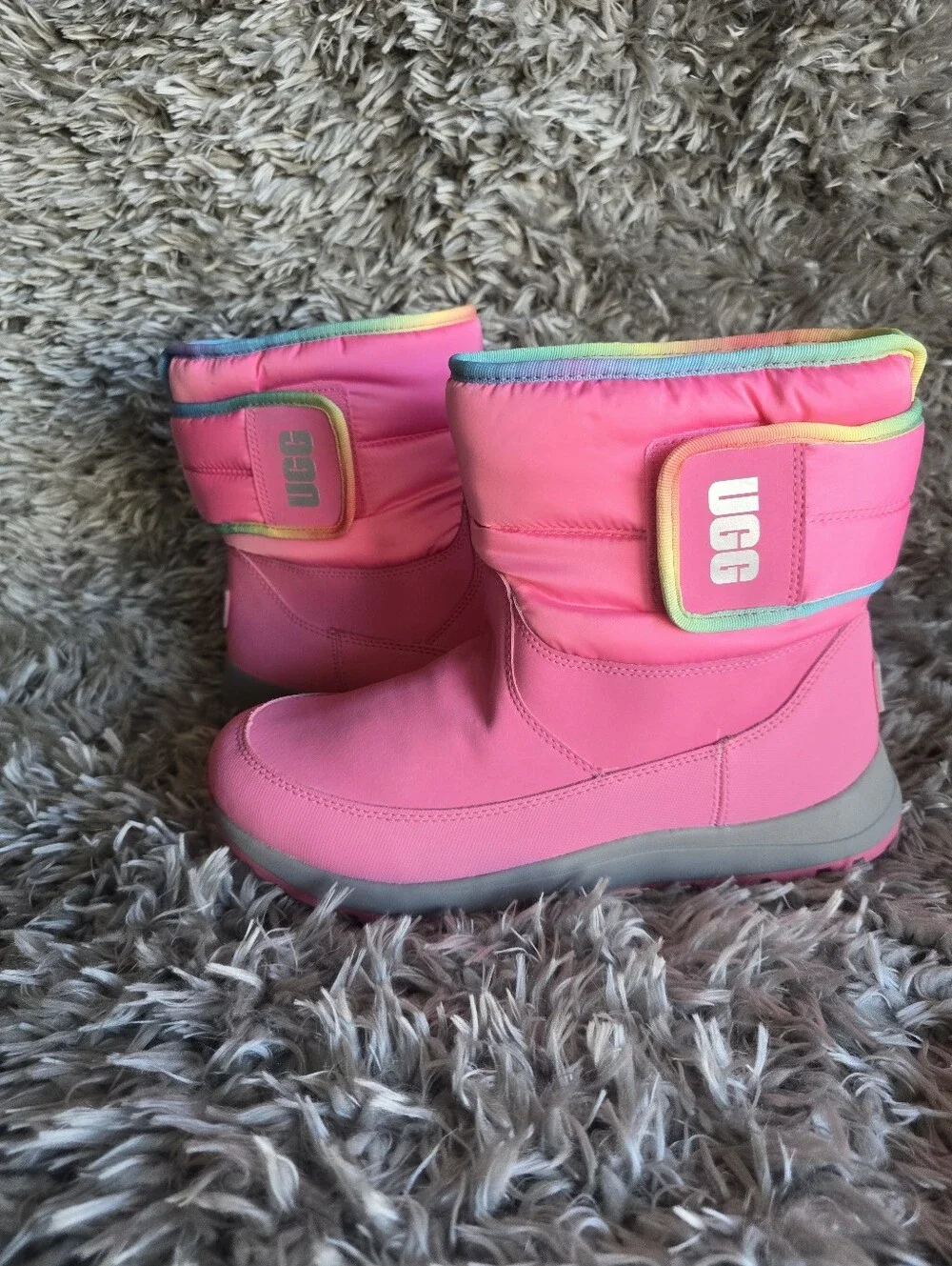 UGG Kids' Pink Puffer Boot with Rainbow Trim